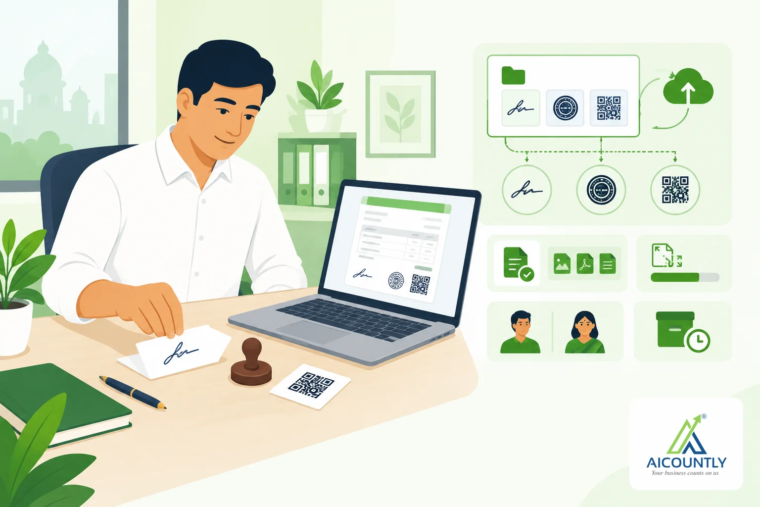 Print Assets in Manage: upload a signature, stamp or UPI QR once and use it on every invoice